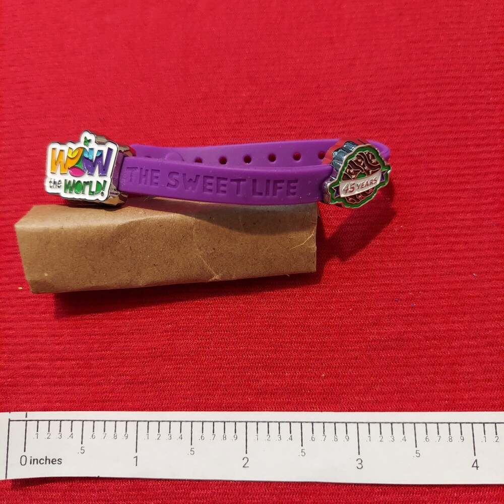 "The Sweet Life" Purple Silicone w "Wow The World" & "45 Years" Charms Bracelet